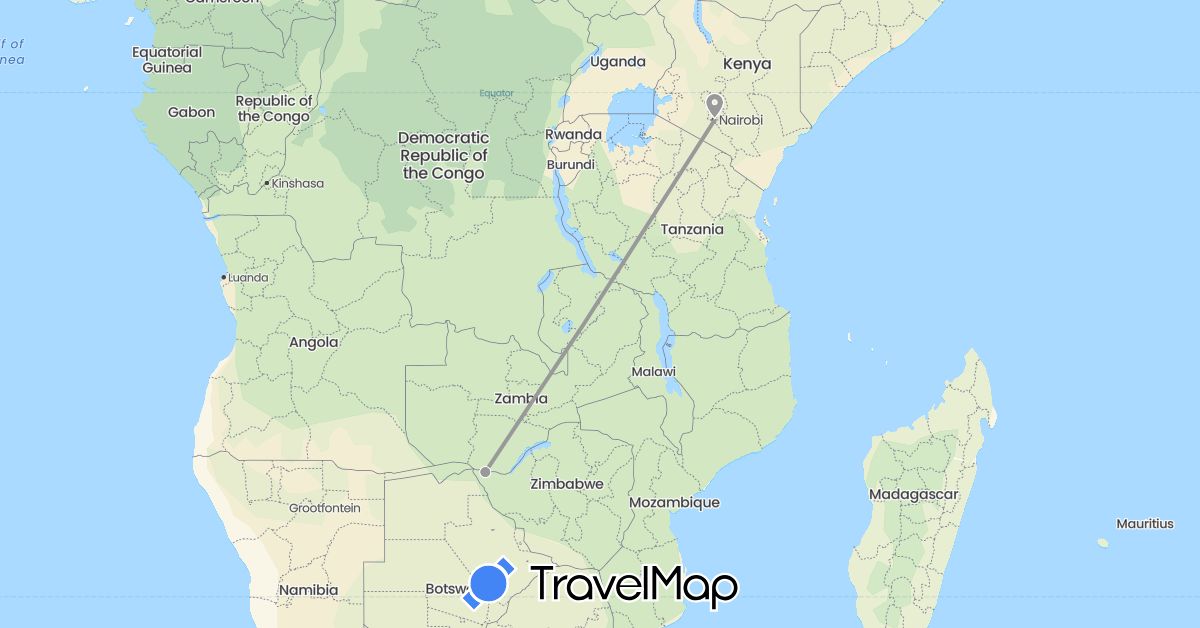 TravelMap itinerary: driving, plane in Kenya, Zimbabwe (Africa)